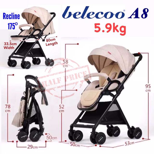 New Belecoo A8 5.9kg Near Full Recline Pram Stroller Babies