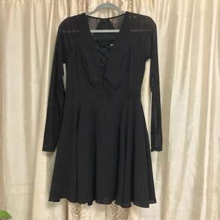 Black Mesh Sleeve Lace-up Fit And Flare Dress In Size 6