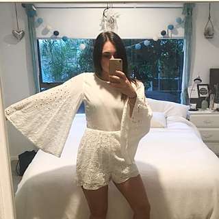 White lace bell sleeve playsuit