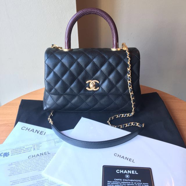 CHANEL Coco Handle Bag Large Caramel Caviar in Lizard Handle Gold Hardware  2017