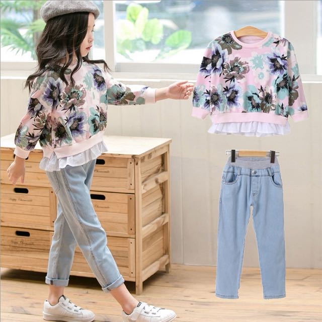 Korean Girls Style 2pc Floral Top And Jeans Babies Kids Girls Apparel On Carousell