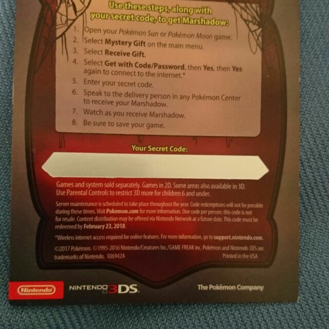 Marshadow code (Category: Game Gift Cards & Accounts) located in Singapore. Submitted by lk_shop (Listing ID 138609892, Image 2). Description: Marshadow code for Pokemon Sun and Moon.