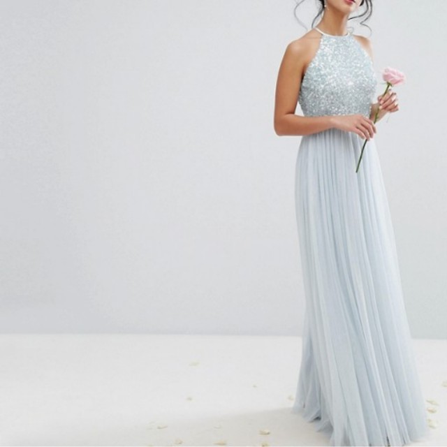 maya high neck maxi tulle dress with tonal delicate sequins in berry