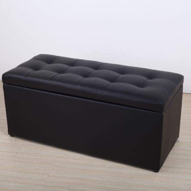 Refurbished Large Pu Leather Black Storage Box Sofa Ottoman Pu Leather Black Storage Box