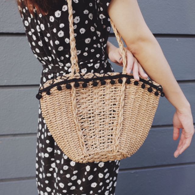 Zara inspired pompom basket bag, Women 