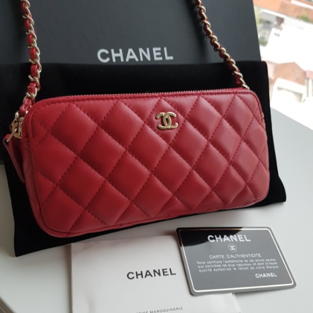 Chanel Double Zipper wallet on chain WOC Red Gold HW, Luxury, Bags & Wallets  on Carousell