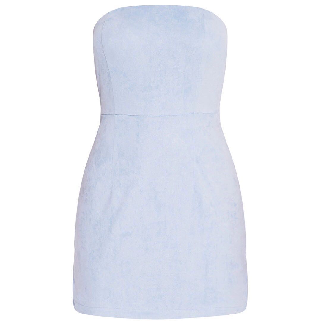 PLT KONNIE DUSTY BLUE FAUX SUEDE BANDEAU BODYCON DRESS Women s Fashion Tops Sleeveless on Carousell