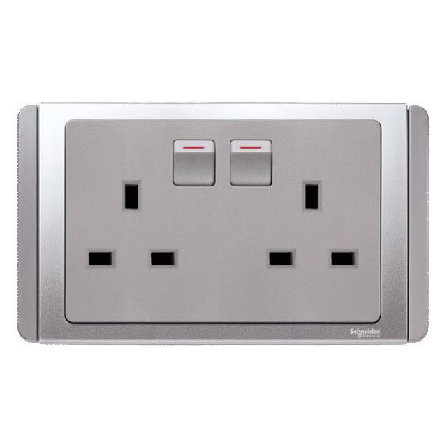 Schneider Neo 2 Gang Power Switch Socket Grey, TV & Home Appliances, Electrical, Adaptors