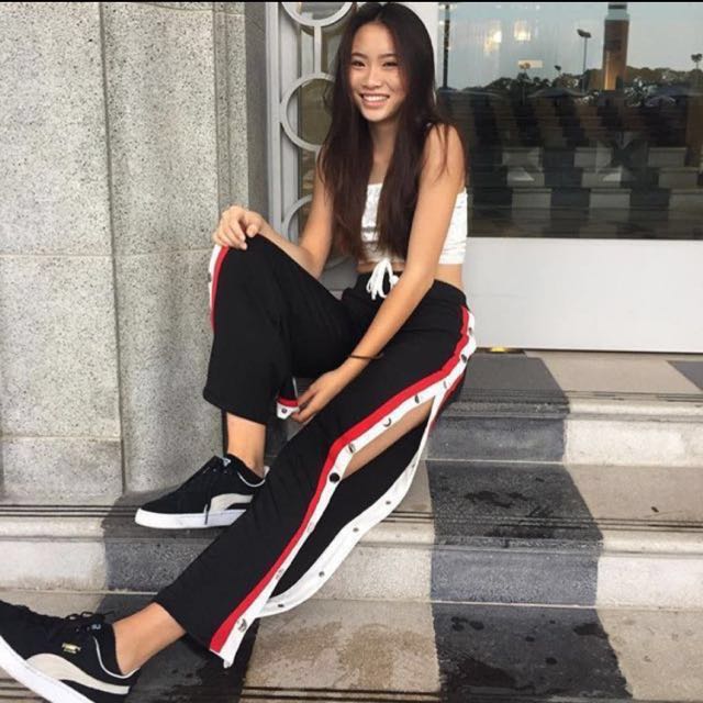 womens black pants with red stripe