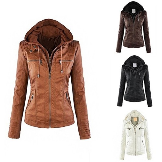 Fashion Women Convertible Collar Faux Leather Coat Detachable Hooded Photo