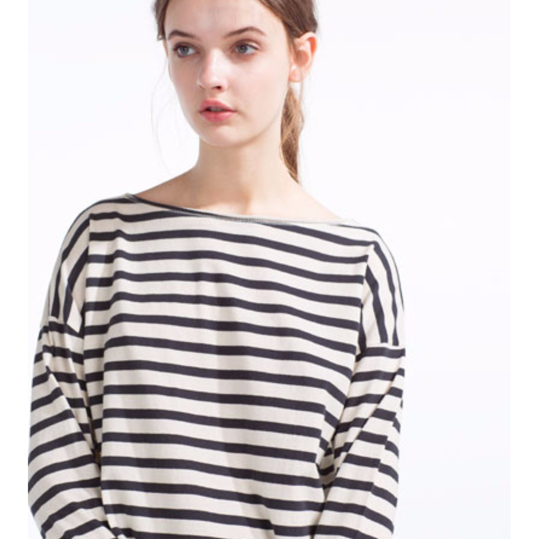 Zara navy stripe boat neck top, Women's 