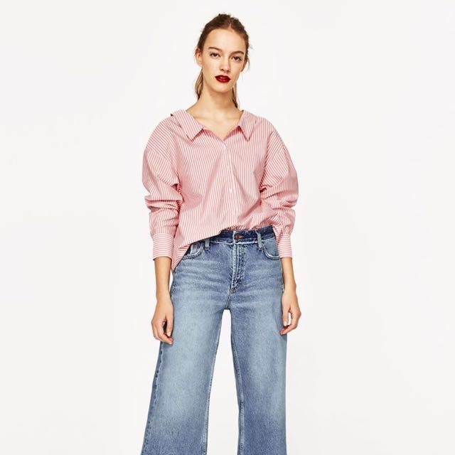 ZARA Pink White Striped Shirt with open 