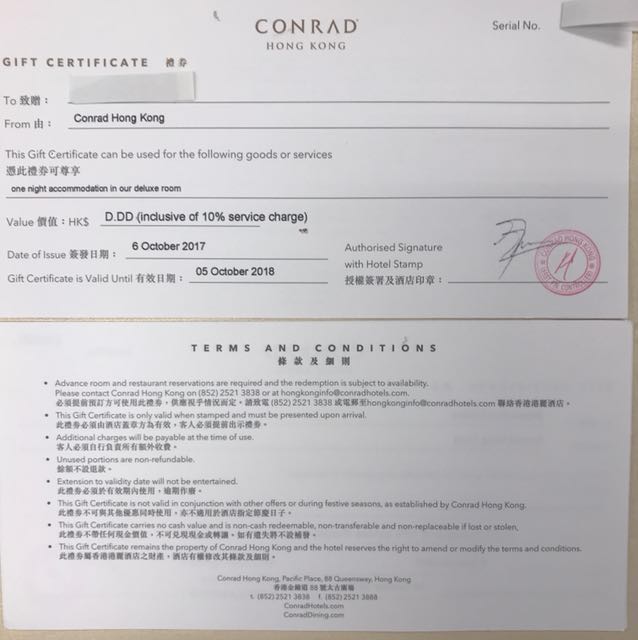 Conrad Hong Kong Hotel Deluxe Room Accommodation Gift