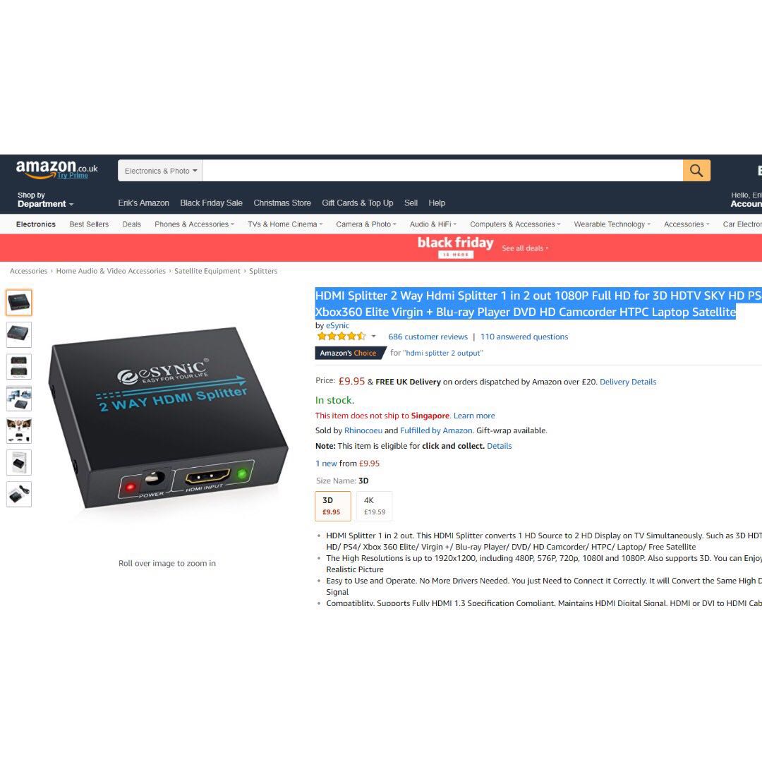 Hdmi Splitter 2 Way Hdmi Splitter 1 In 2 Out 1080p Full Hd For 3d