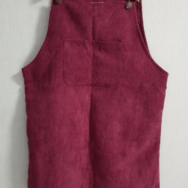 red overall skirt