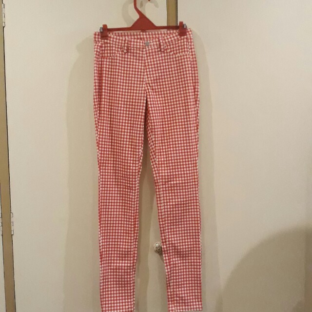 red and white plaid pants