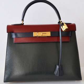 Hermes Kelly Vintage Bag 28cm Tricolor Box Leather Gold Plated