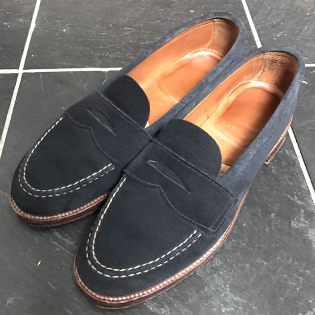 navy suede penny loafers