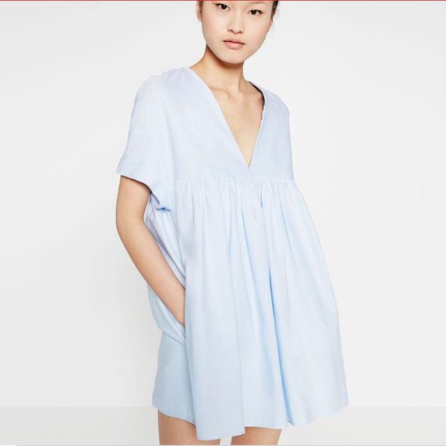 AUTHENTIC Zara Light Blue Poplin Babydoll Jumpsuit Dress, Women's