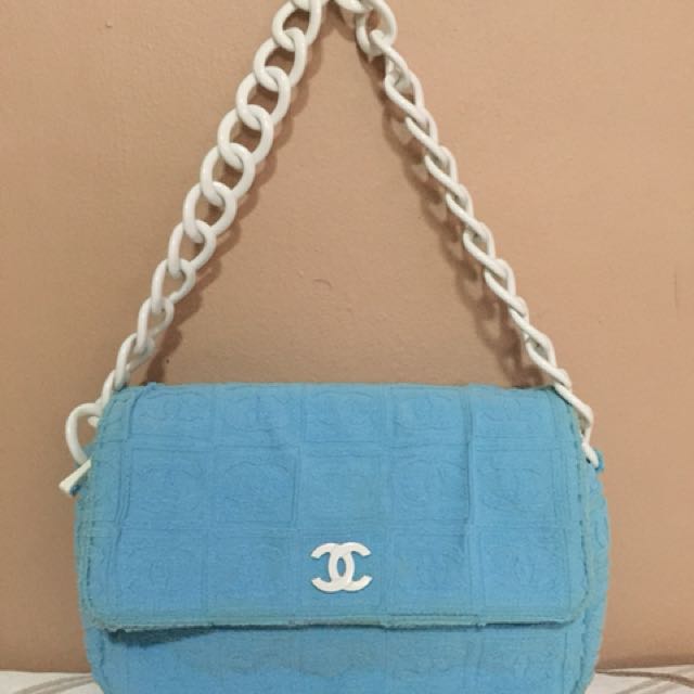 Chanel Plastic Chain Cotton Blue White Cc Logos Bag