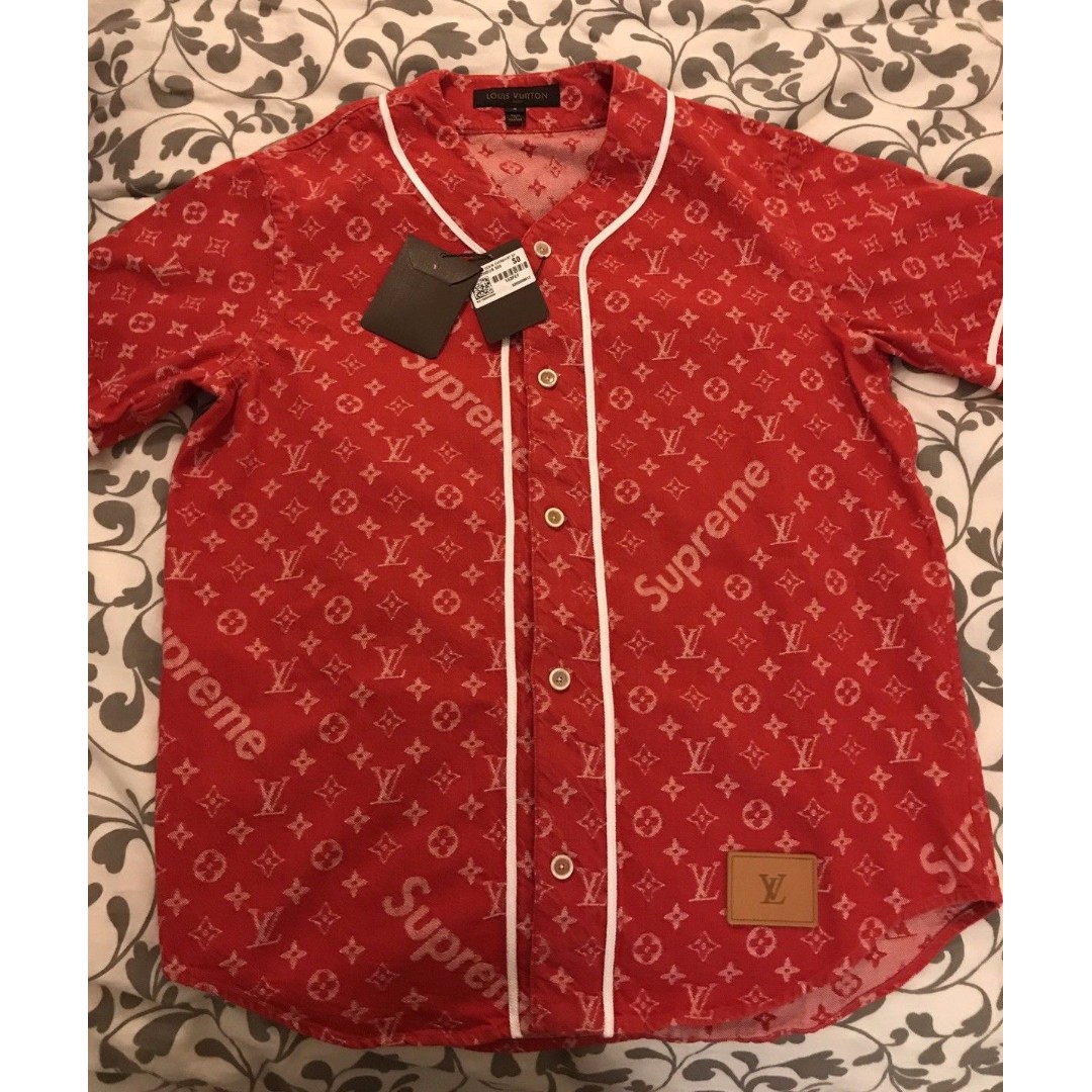 Supreme x Louis Vuitton All Over Monogram Denim Baseball Jersey Red Sz  Medium For Sale at 1stDibs