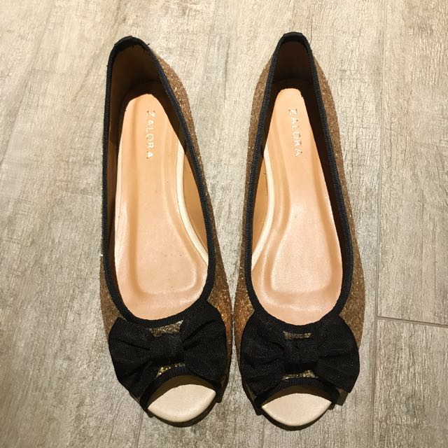 Gold peep top toe flats