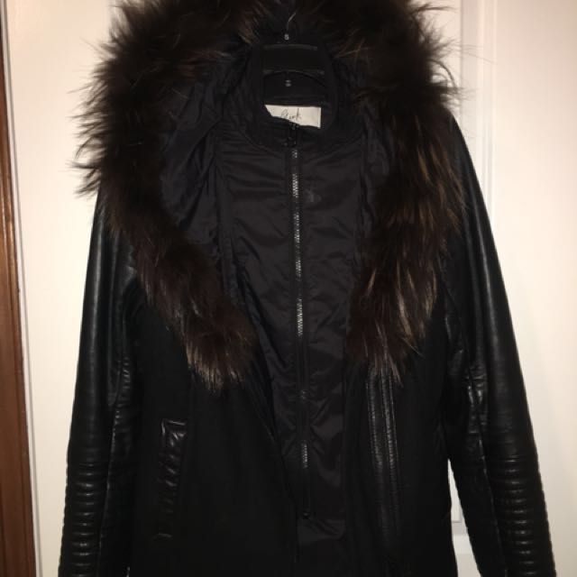 Danier wool and leather coat with fur trim hood looks like