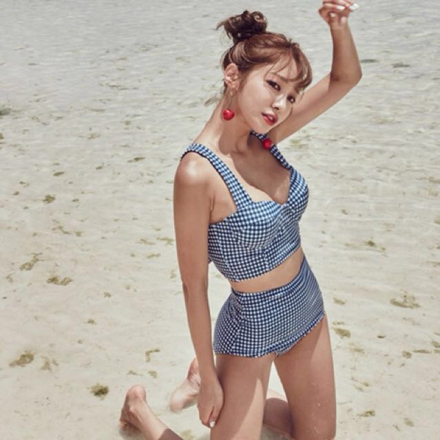 High waisted Bikini with Blue Plaid Checkered Women s Fashion