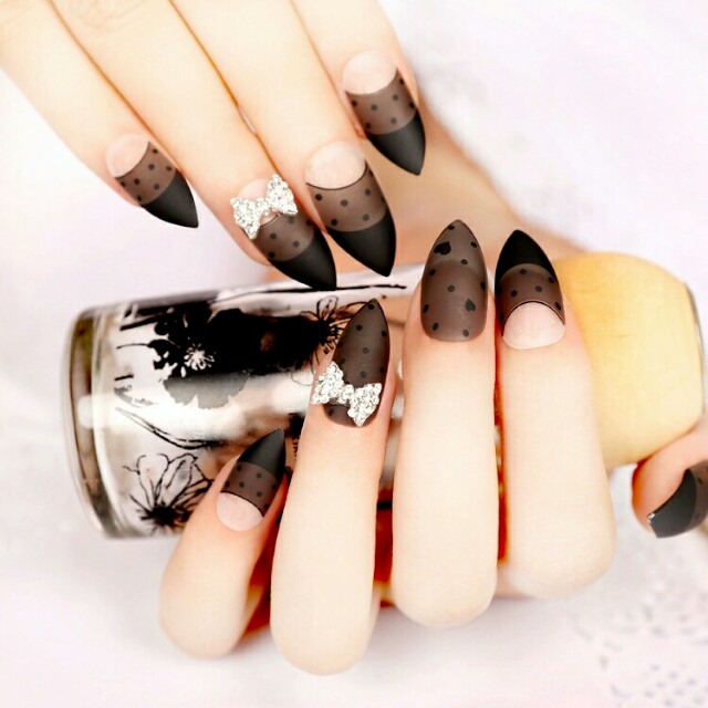 Matte Surface False Nails Tips Clear Black Acrylic Fake Large Matte Surface False Nails Tips Clear Black Acrylic Fake Large Bow Full Cover Stiletto Manicure Tools 24pcs Z463 Health Beauty