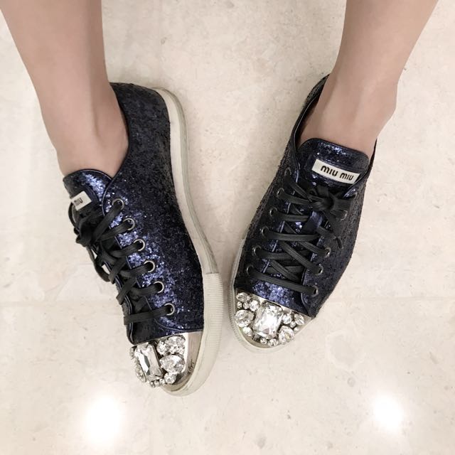 Miu Miu Glitter Sneaker With Crystals 