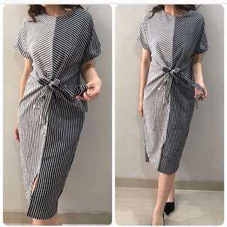Miss Lie striped black & white knot front dress
