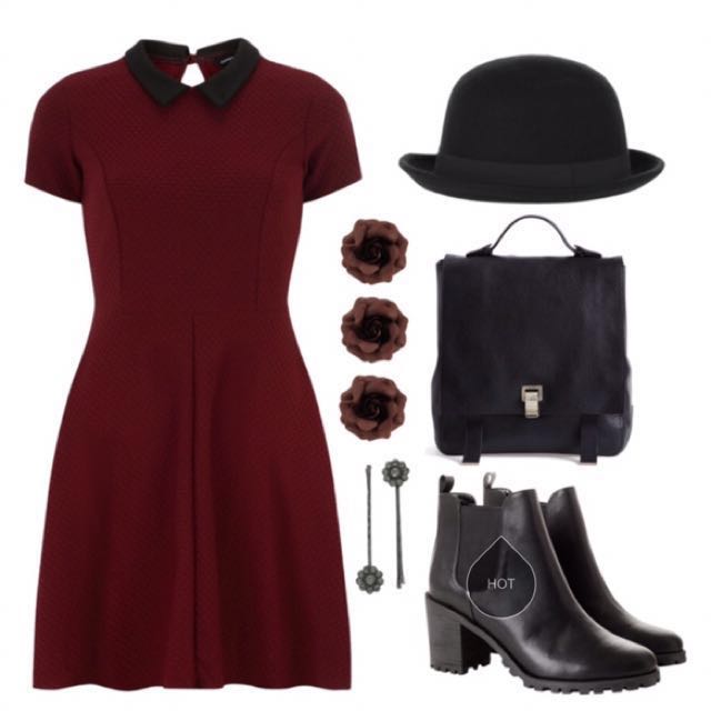 Dorothy Perkins Waffle Collar Dress in Wine Women s Fashion Muslimah Fashion Dresses on Carousell
