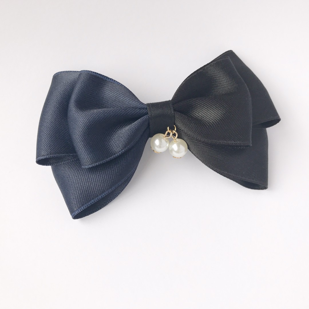 Half hair bow in black and navy blue, french barrette, pearl charm ...