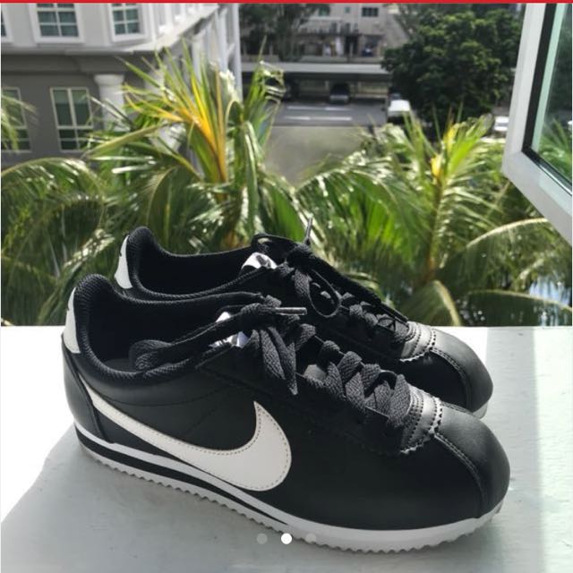 nike cortez black leather women's