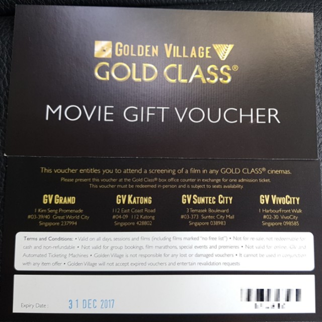 GV Gold Class Movie Voucher (1 Pair), Tickets & Vouchers, Vouchers on