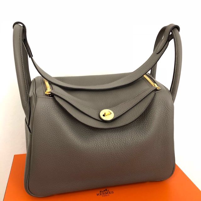 Hermes Lindy Taurillon Clemence 26 Etain in Calfskin Leather with