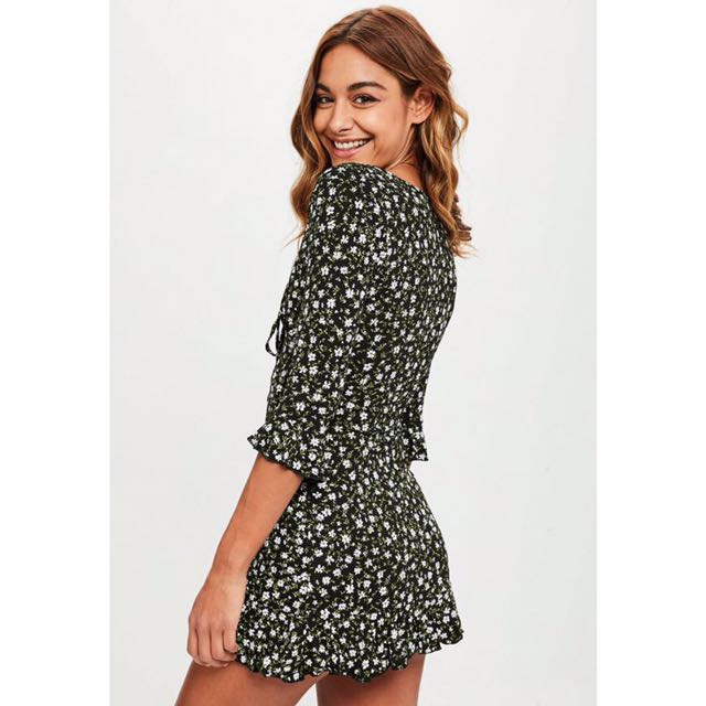 Black daisy print frill tea dress store
