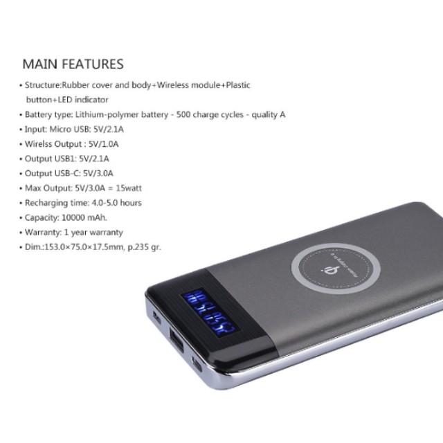 Qi 10000mAh LED Display Wireless Charging Power Bank