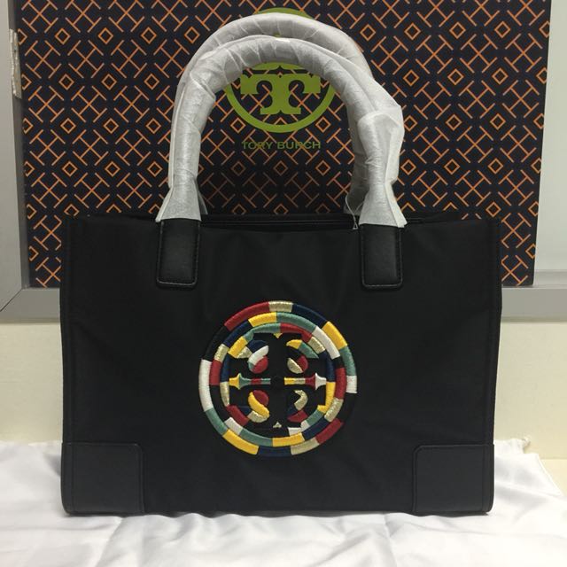 Authentic Tory Burch mini Ella embroidered logo nylon tote black, Luxury,  Bags & Wallets on Carousell
