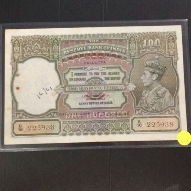 India KGVI 1943 100rupees ( Calcutta) conditionsGVF., Hobbies & Toys