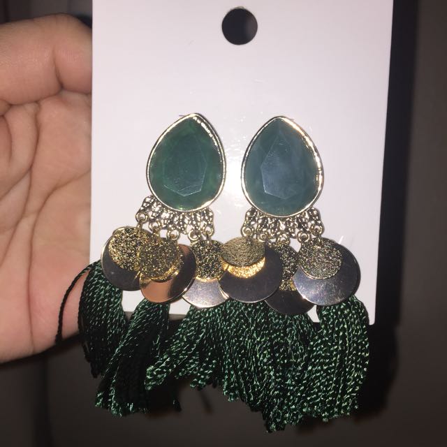 H M Green Tassels Earrings Women s Fashion Jewelry Organisers Earrings on Carousell