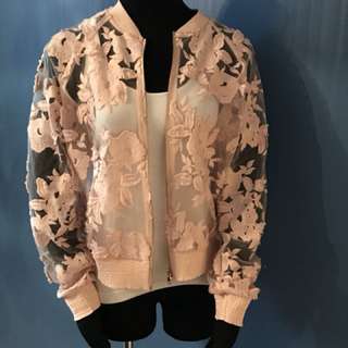Pink Tahari sheer floral bomber jacket