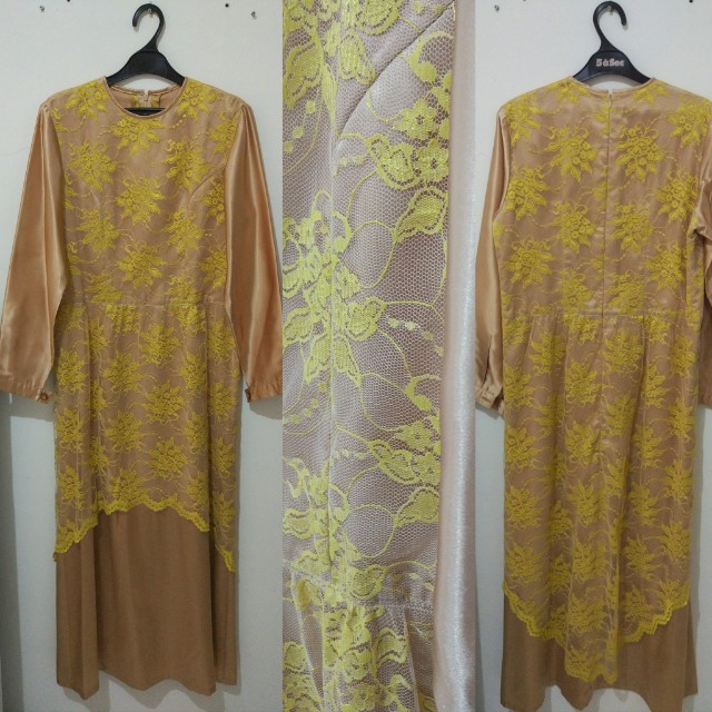 Gamis Brokat Pesta Emas Kuning Big Plus Size Fesyen Wanita Pakaian Wanita Gaun Rok Di Carousell