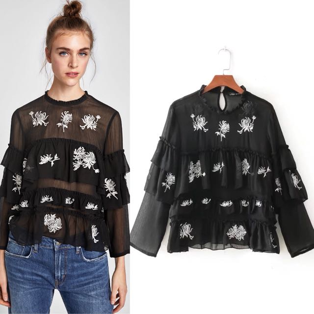 zara embroidered blouse with ruffles
