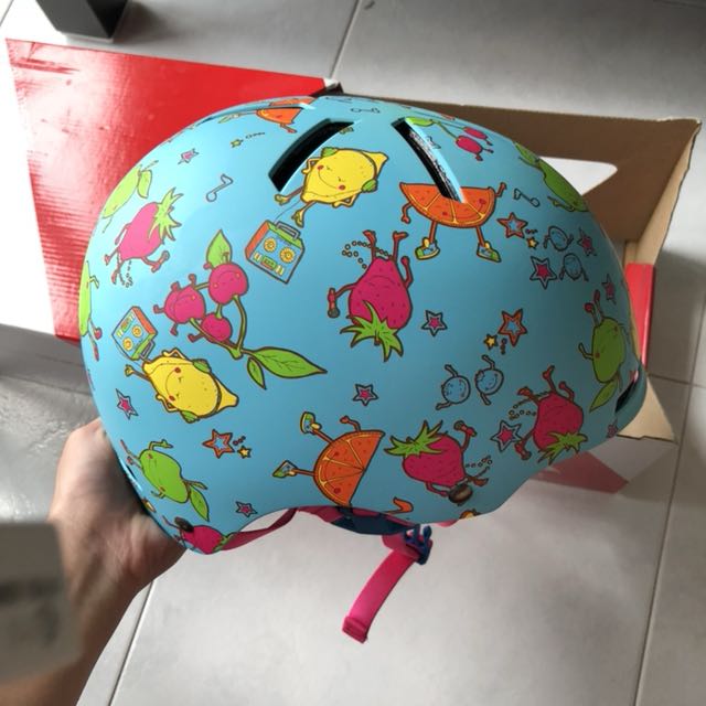 Specialized bicycle helmet (Category: Bicycles) located in Singapore. Submitted by jiajia1 (Listing ID 142957079, Image 1). Description: Fruits design Specialized covert helmet Size medium (50-60cm) Weight 385g Used once, new additional interior pads for perfect fit. Suitable for kids and women. .