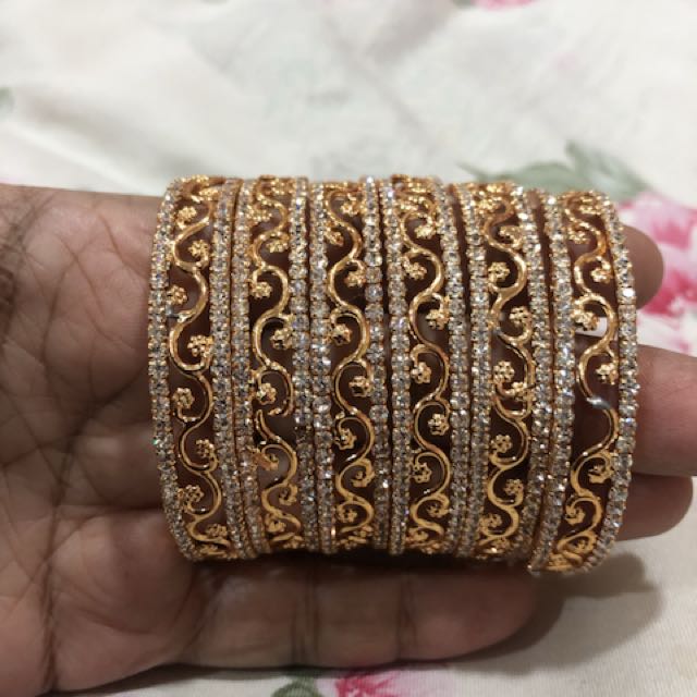 Indian Bangles Kids Size Set of 6 Bangles in gold and white stone
