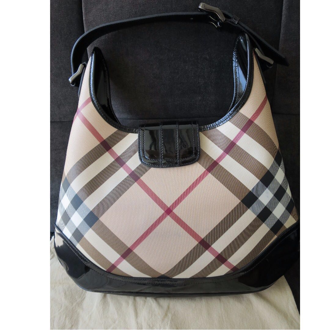 Burberry Patent Nova Check Brooke Hobo Black CyberMondaySale