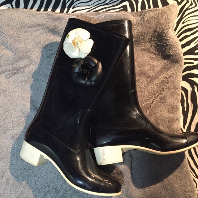 Chanel Black White Camellia Rain Boots 