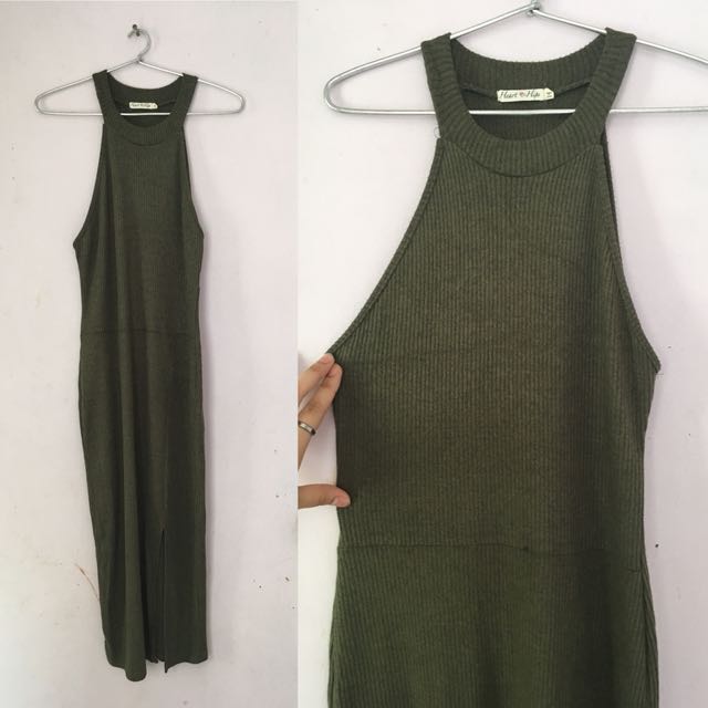 Heart Hips Halter Olive Green Midi Dress With Slit Women S