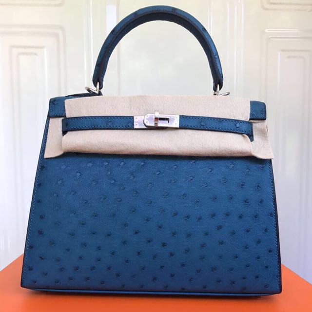 BNIB Hermes Kelly 25 Cobalt Sellier Ostrich PHW X